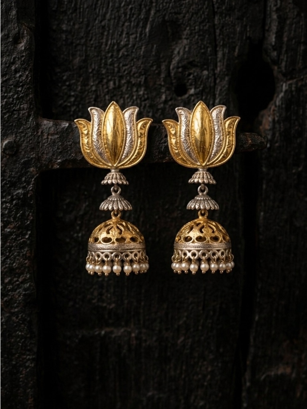 Gold-Tone Floral Jhumka Earrings with Pearl Drops